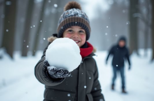 Boy holding snowball hand, children sightly play snowballs outdoors forest photo