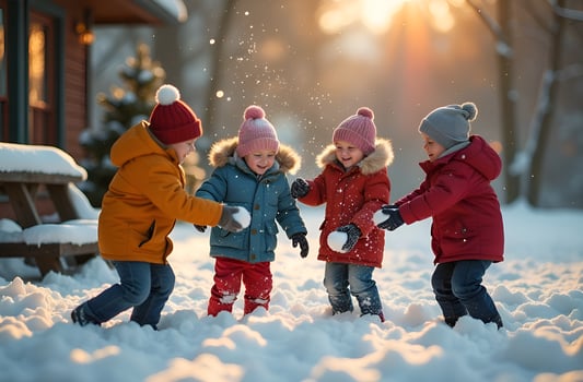 Children Playing sightly Snowballs Outdoors, Bright Day Winter photo