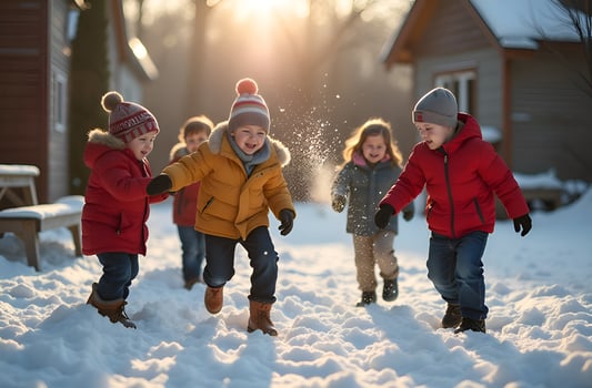 Children sightly Playing Snowballs Outdoors, Bright Day Winter photo