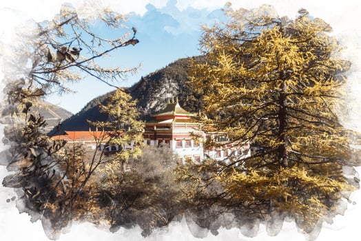 Chong Gu monastery shining in autumn pine forest at Yading nature reserve, Daocheng, China photo
