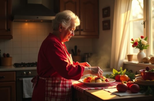 Old woman cooking beautiful dinner, sun shining window, food on table photo