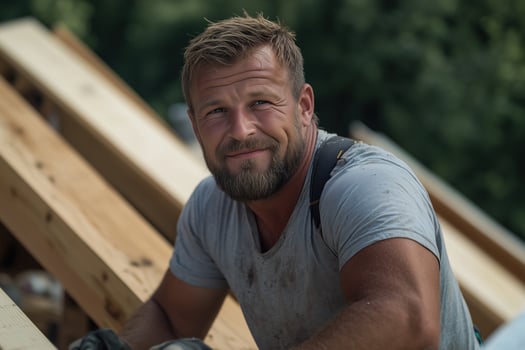 Portrait of a handsome carpenter working on a wooden construction site photo