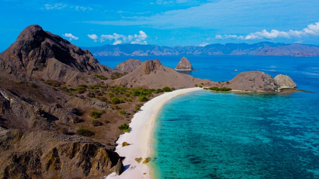 On Padar Island, Pink Beach boasts pristine pink sands and vibrant blue waters, under a clear sky, offering a serene escape with no other visitors. photo