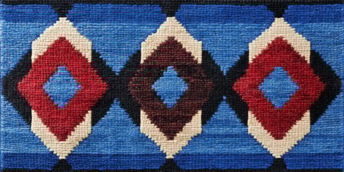 Southwestern rug featuring intricate tribal designs and geometric patterns in blue, red, and black on textured wool photo