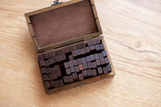 Vintage Wooden Letterpress Blocks in Rustic Box on Table photo