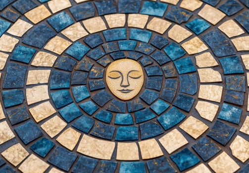 Intricate mosaic sun design with closed eyes photo