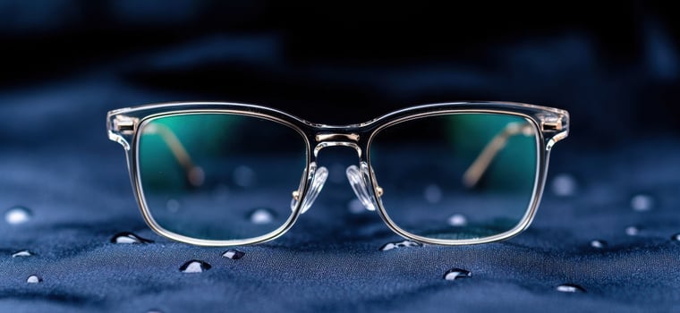 Stylish eyeglasses on a dark background with water droplets photo
