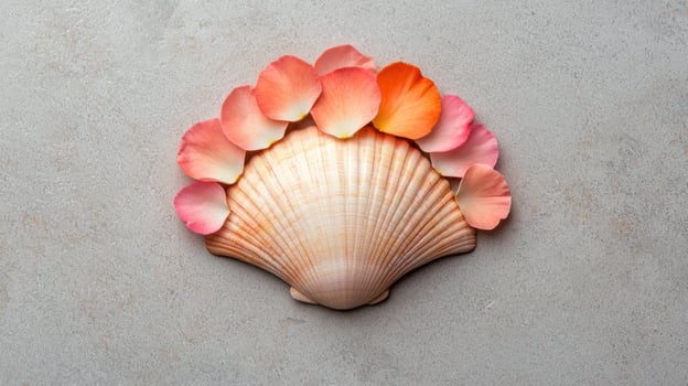 Seashell with pink flower petals photo