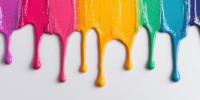 Colorful paint dripping down a white background photo