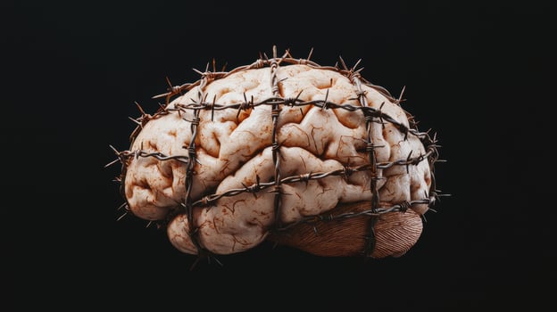 Barbed wire wrapped around a human brain photo