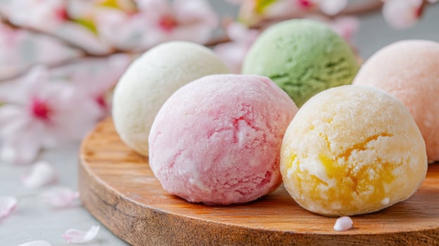 Assortment of colorful macarons on wooden board photo