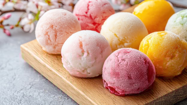 Assortment of colorful ice cream scoops on wooden board photo