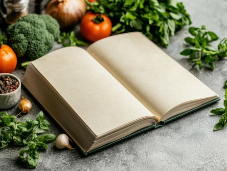 open cookbook with fresh vegetables photo