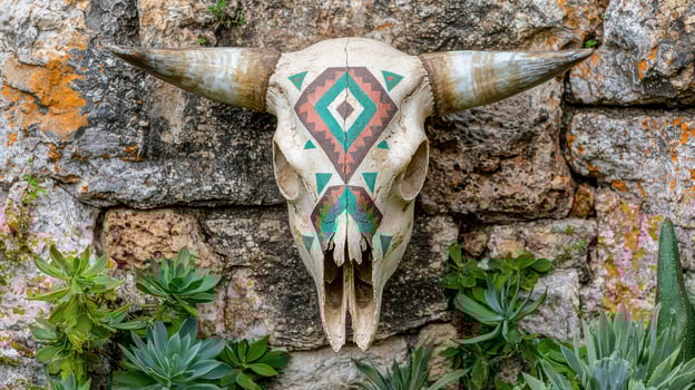 Decorated skull on rocky background with succulents photo