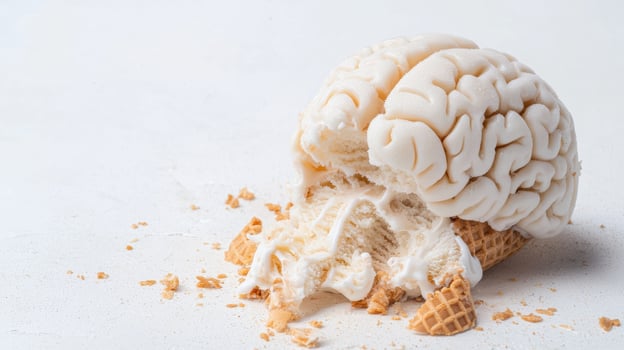 Melting brain shaped ice cream cone on white background photo