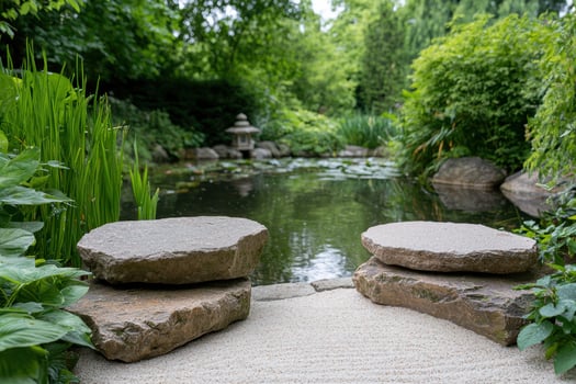 Serene Japanese garden pond with stepping stones photo