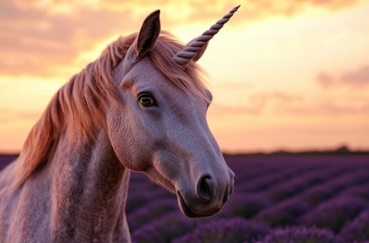 Magical unicorn in a lavender field at sunset photo