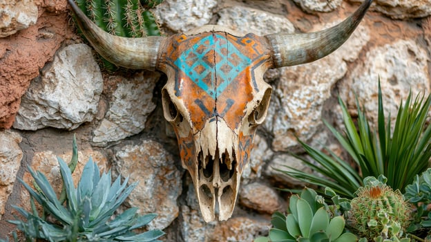 Decorated animal skull in desert landscape photo