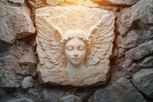 Carved stone angel with wings in rocky wall photo