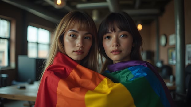Women with Pride Flag on Beach Generated by AI photo