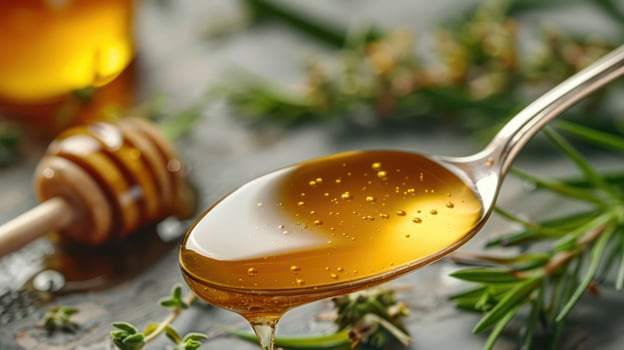 A close-up of honey dripping from a spoon, surrounded by thyme and rosemary sprigs. photo