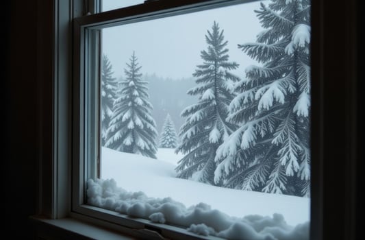 Windowsill wintry inside house, outside window winter, Christmas tree photo