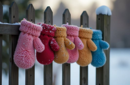 Different lost pink and gray mittens amazing hanging on wooden fence outside, snowy winter, bright day photo