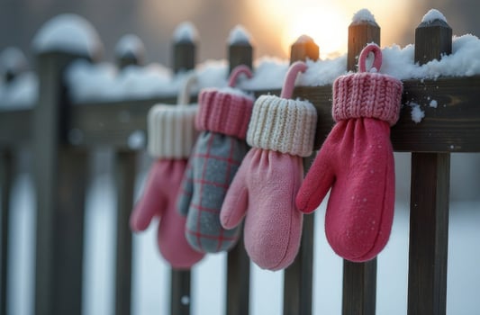 Different lost amazing pink and gray mittens hanging on wooden fence outside, snowy winter, bright day photo