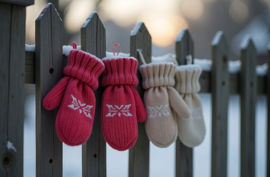 Different lost pink and amazing gray mittens hanging on wooden fence outside, snowy winter, bright day photo