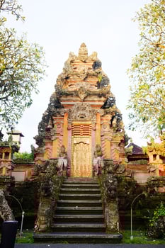 Ancient Pagoda of Portal von Taman Saraswati temple in Ubud city landmark on Bali Island of Indonesia. Travel destination for culture of Asian photo