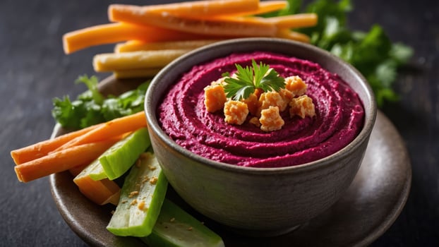A vibrant beetroot hummus served with fresh vegetable sticks for dipping. photo