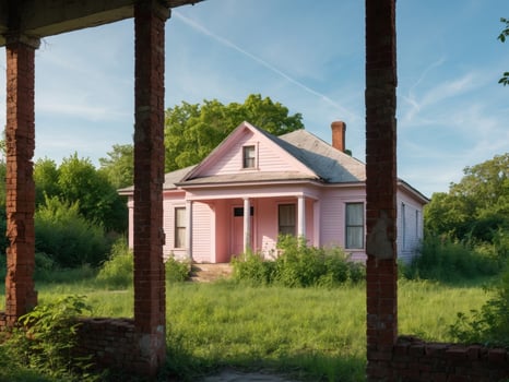 An abandoned pink house sits in the middle of a field photo