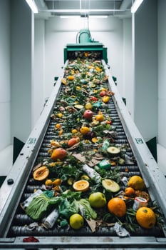 A conveyor belt filled with food and vegetables photo
