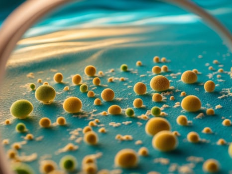 A magnifying glass is looking at a group of yellow and green balls photo