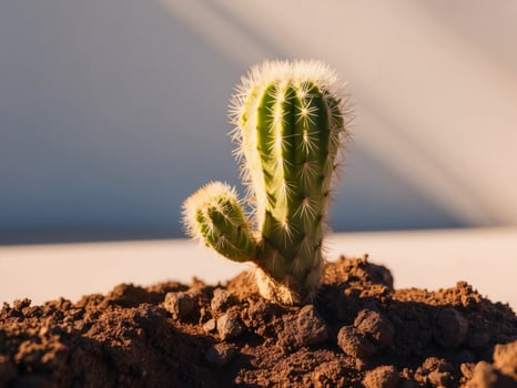 A small cactus plant is growing in the dirt photo