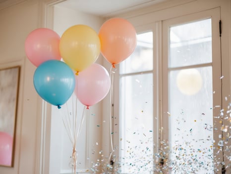 A room with balloons and confetti photo