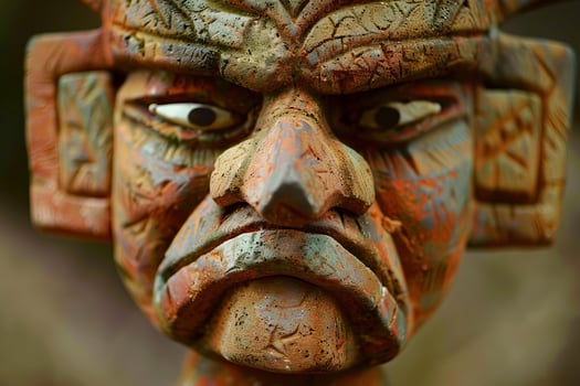Ancient mayan statue depicting frowning god of the underworld photo