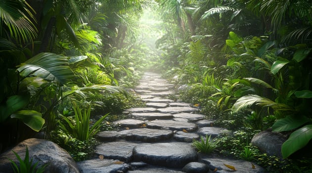 Steps leading through a lush, foggy jungle filled with vibrant greenery and tropical plants photo