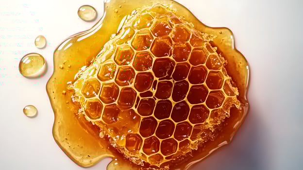 Honeycomb with flowing honey syrup isolated on white background Flat Lay photo