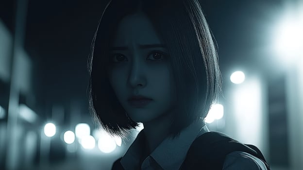 A woman stands alone, her expression revealing uncertainty in the night photo