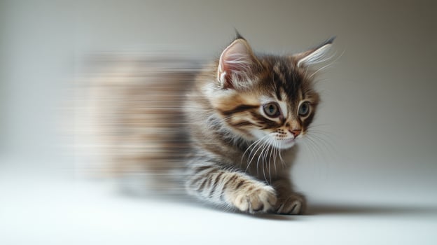 A curious kitten scampers away, showcasing its playful nature and energetic charm photo