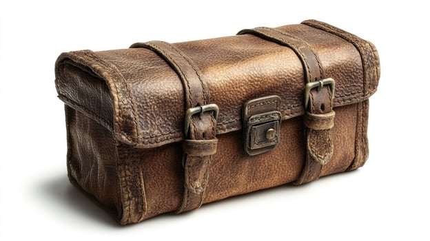 The aged leather bag showcases its rugged charm with subtle wear and texture photo