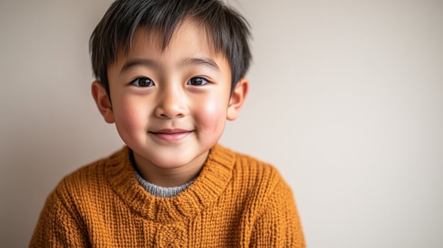 A cheerful boy beams with joy, dressed in a warm, knitted sweater indoors photo