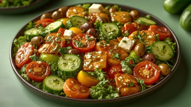 A colorful selection of cucumbers, tomatoes, olives, and greens creates a nourishing dish photo