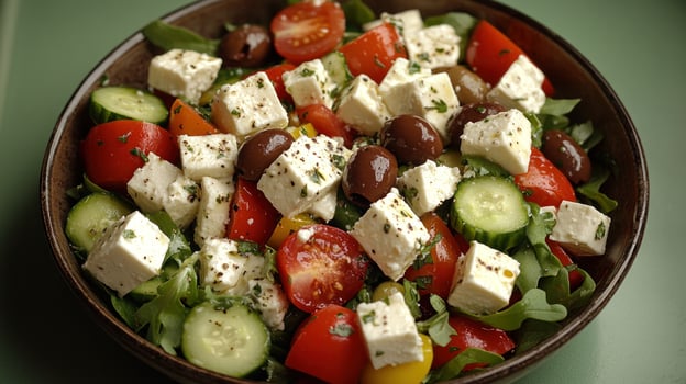 Fresh vegetables and feta create a colorful salad bursting with flavor and health photo