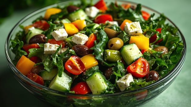 A lively bowl filled with greens, cherry tomatoes, feta, and olives photo