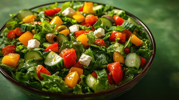 Colorful greens and vegetables blend together in a delightful summer salad bowl photo