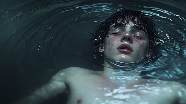 A young person floats serenely in a still, dark water, capturing a moment of reflection and tranquility at dusk photo