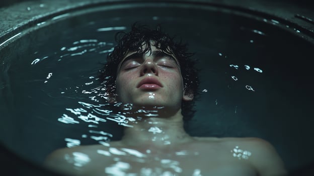 A tranquil moment of reflection as a young man floats in still water under soft light in a serene, secluded space photo