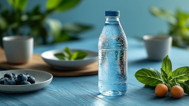 Refreshing still life of a water bottle alongside fruits and herbs on a vibrant blue table setting photo